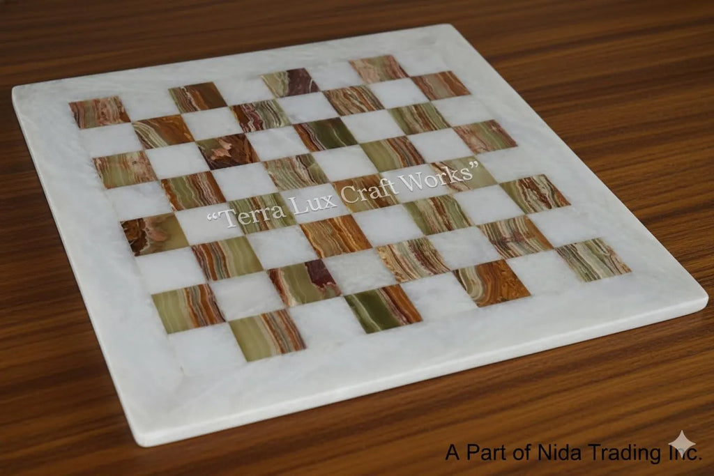 Handcrafted Marble Chess Set White Ziarat & Multi Green Onyx -Elegant Handmade Stone Game Board