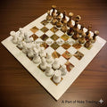 Handcrafted Marble Chess Set White Ziarat & Multi Green Onyx -Elegant Handmade Stone Game Board