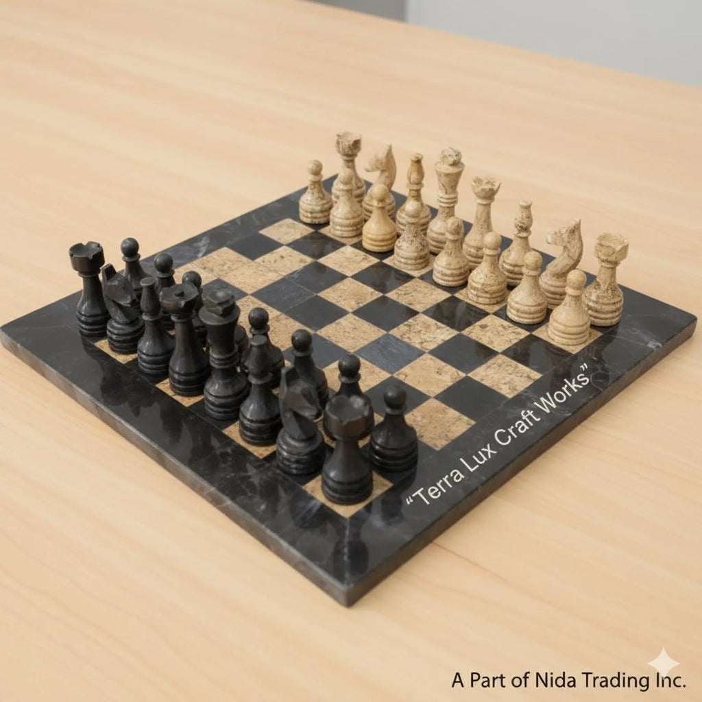 Jet Black & Fossil Luxury Marble Chess Board Set - Handmade Chess Natural Chessboard