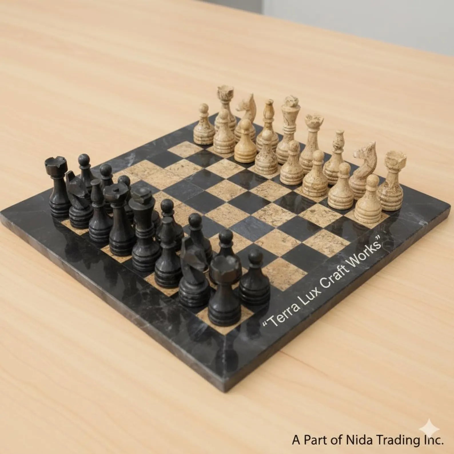 Jet Black & Fossil Luxury Marble Chess Board Set - Handmade Chess Natural Chessboard