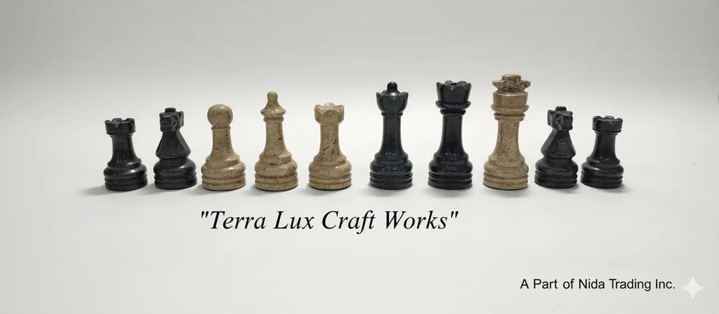 Jet Black & Fossil Luxury Marble Chess Board Set - Handmade Chess Natural Chessboard