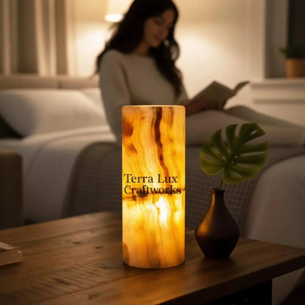 Onyx Cylinder Table Lamp – 12”- Elegant Onyx-Natural Onyx Stone