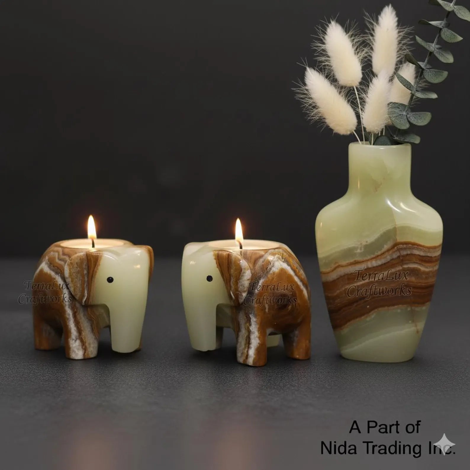 Elephant T-Light Candle Holder Onyx Green - Home Decor, Gift for Animal Lovers