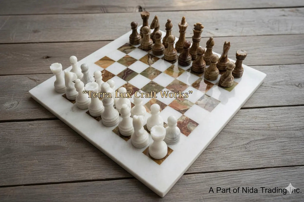 Handcrafted Marble Chess Set White Ziarat & Multi Green Onyx -Elegant Handmade Stone Game Board