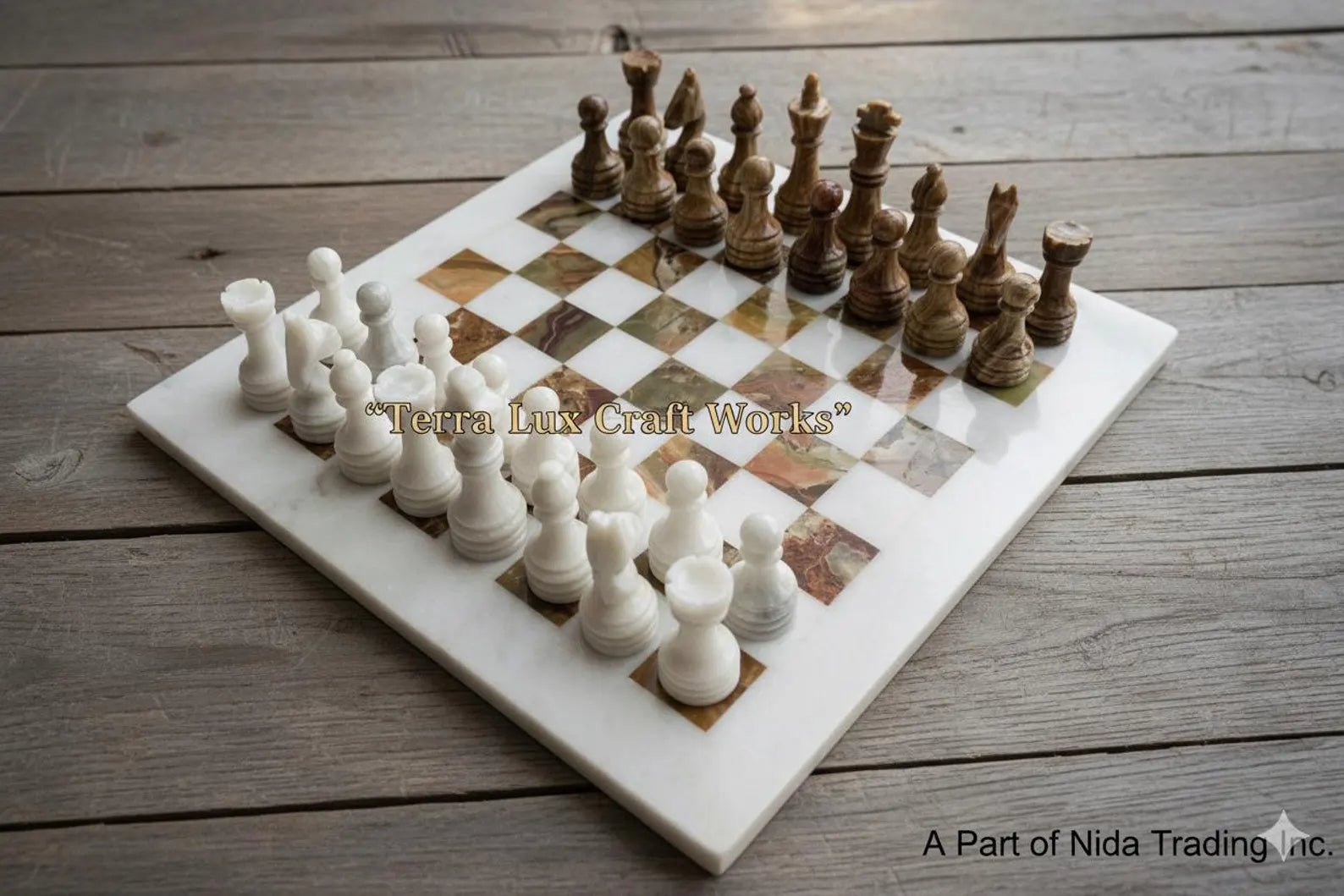 Handcrafted Marble Chess Set White Ziarat & Multi Green Onyx -Elegant Handmade Stone Game Board