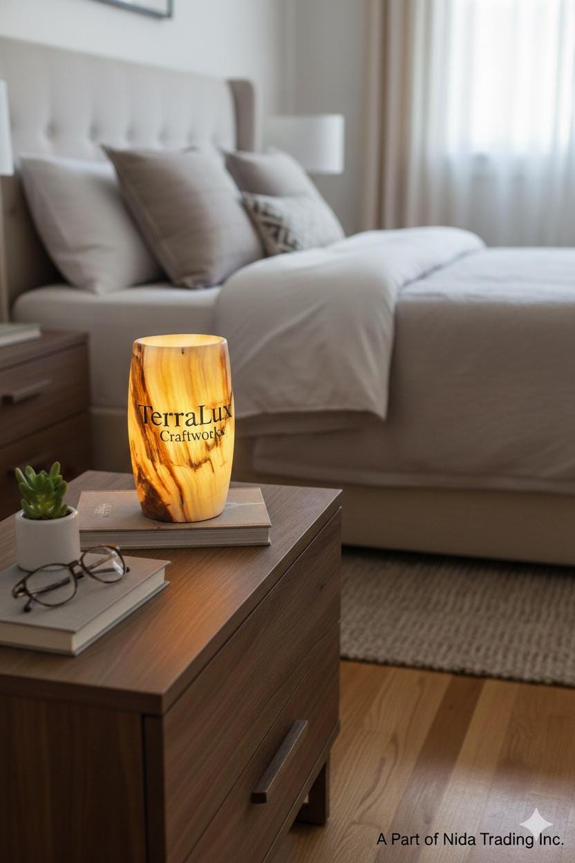 Handcrafted 8 Inch Onyx Oval Lamp, Natural Stone Cylinder Light, Modern Home Decor
