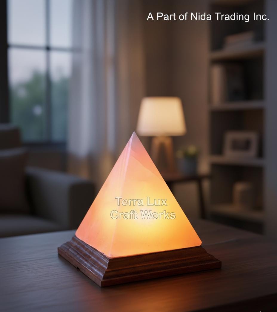 Pyramid Himalayan Pink Salt Lamp, hand-carved crystal, warm amber glow