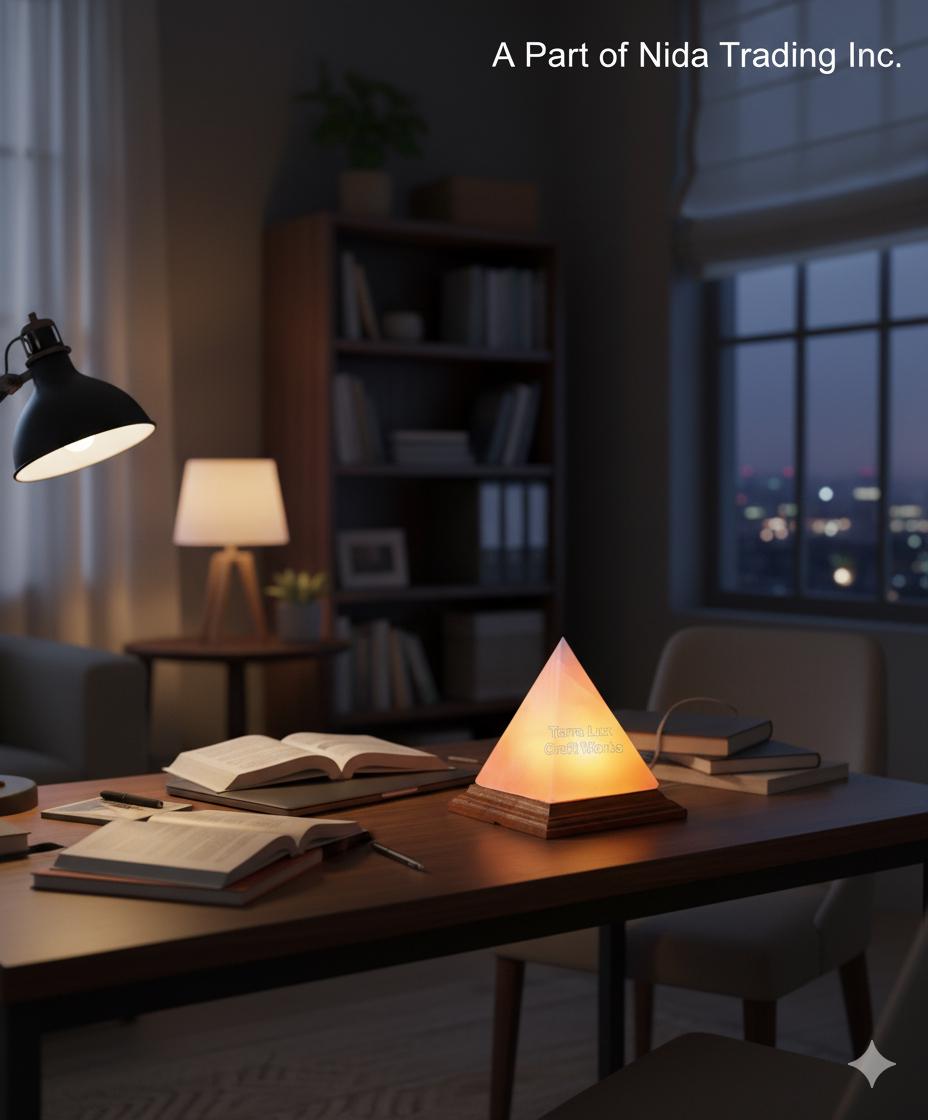 Pyramid Himalayan Pink Salt Lamp, hand-carved crystal, warm amber glow