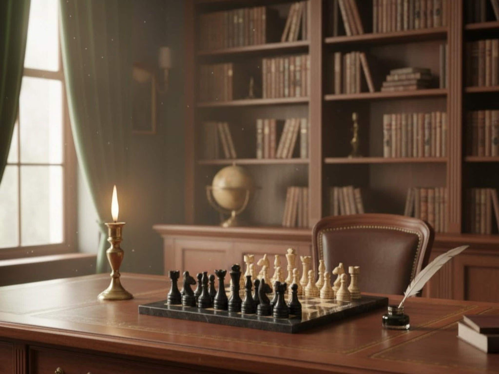 Jet Black & Fossil Marble Chess Board Set, Handmade Luxury Natural Stone Game