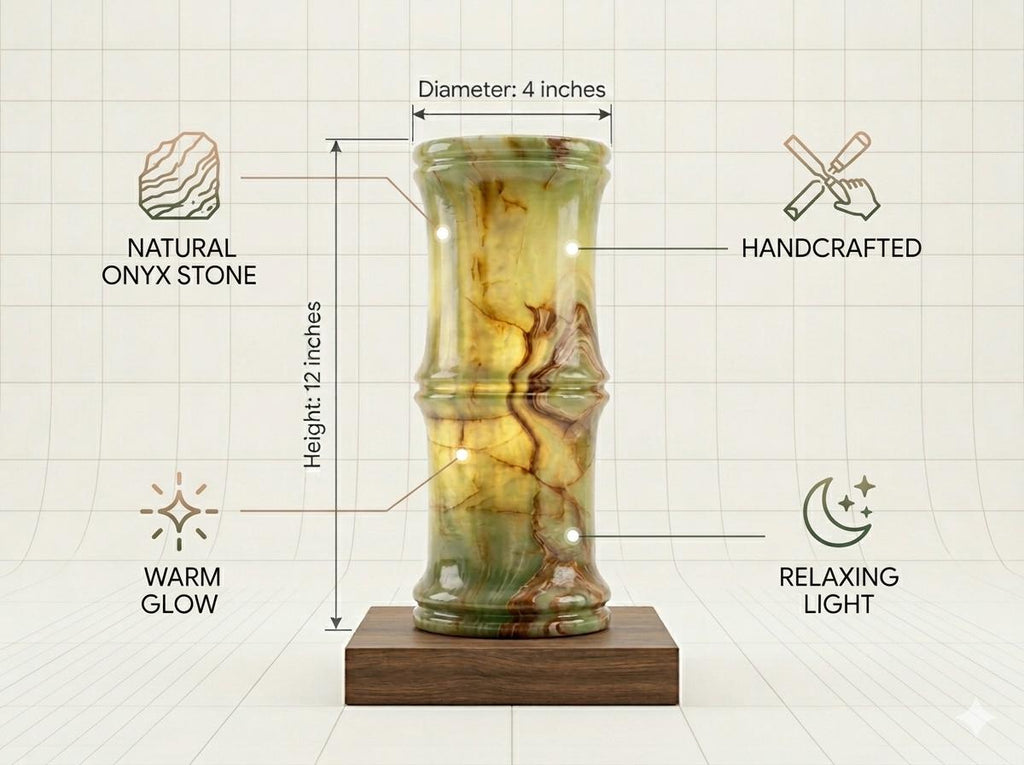 Handcrafted Bamboo Onyx Lamp 5x5x12, Natural Stone Lighting, Living Room Office Decor