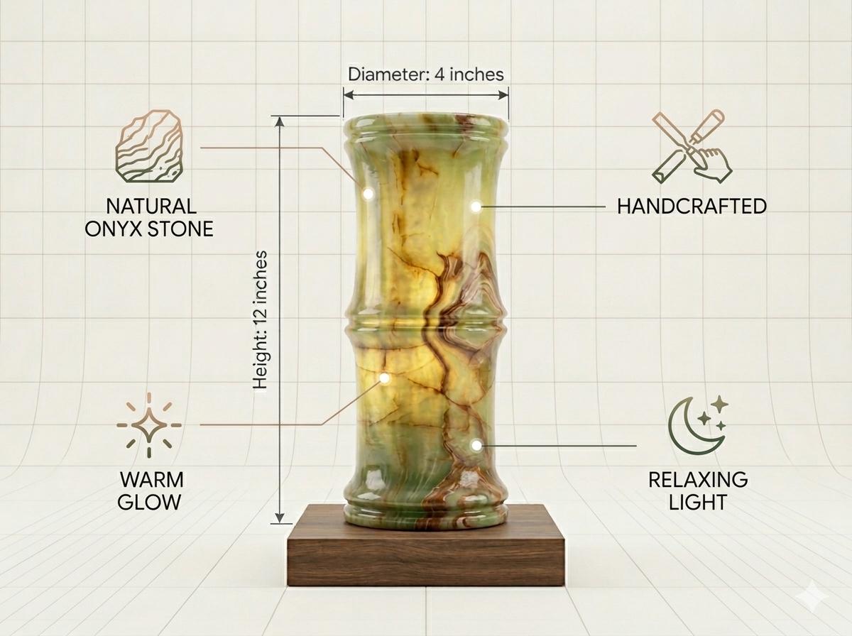 Handcrafted Bamboo Onyx Lamp 5x5x12, Natural Stone Lighting, Living Room Office Decor