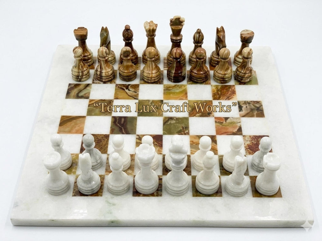 Handcrafted Marble Chess Set White & Green Onyx, 12 Inch Luxury Stone Game Board