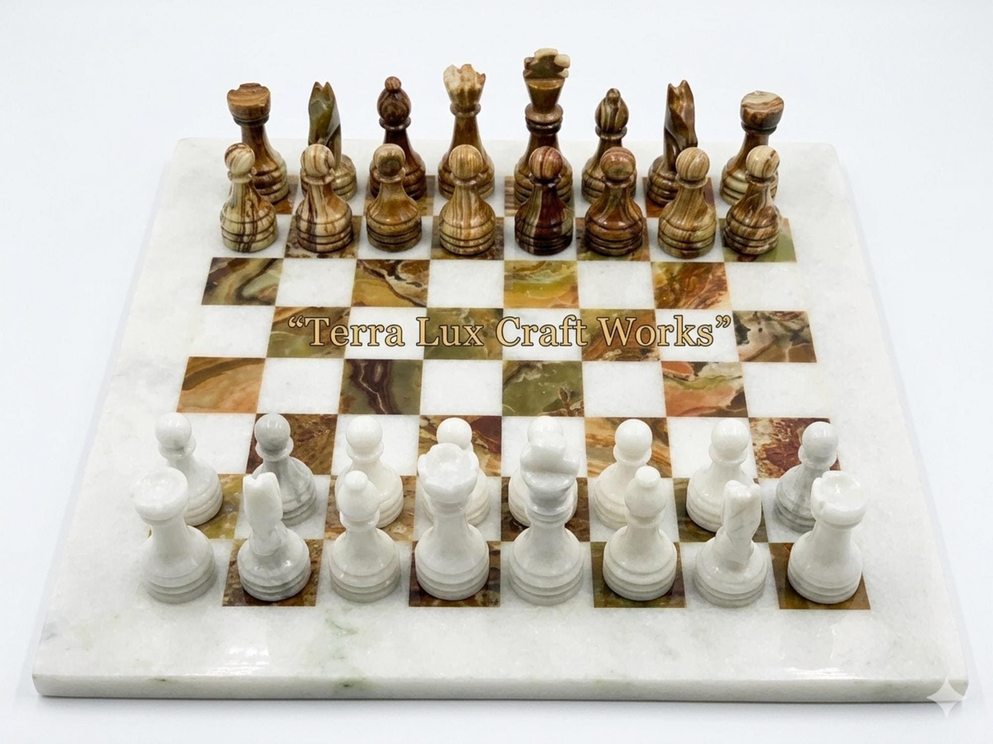 Handcrafted Marble Chess Set White & Green Onyx, 12 Inch Luxury Stone Game Board