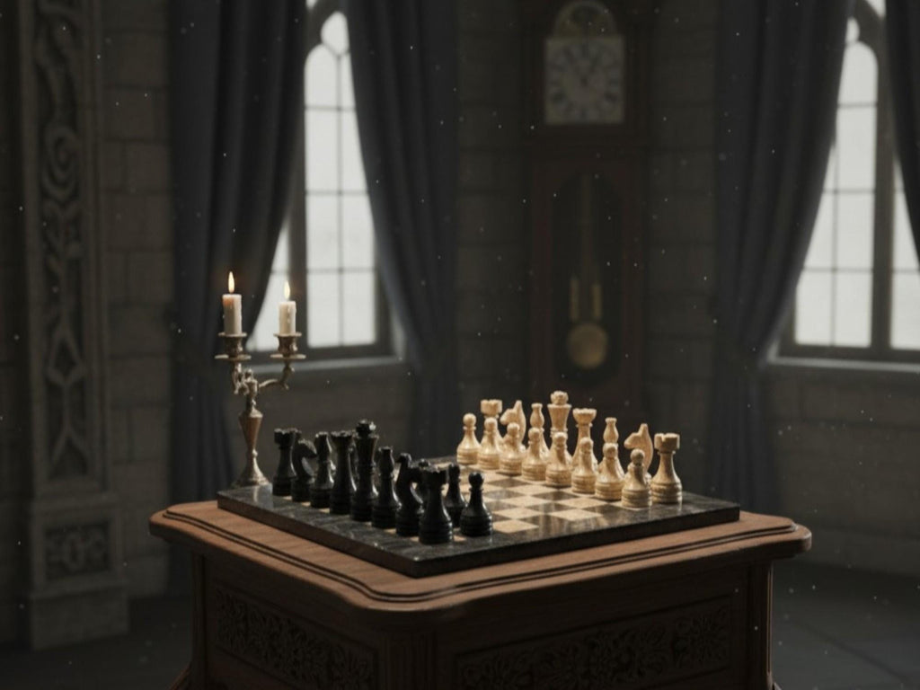 Jet Black & Fossil Marble Chess Board Set, Handmade Luxury Natural Stone Game