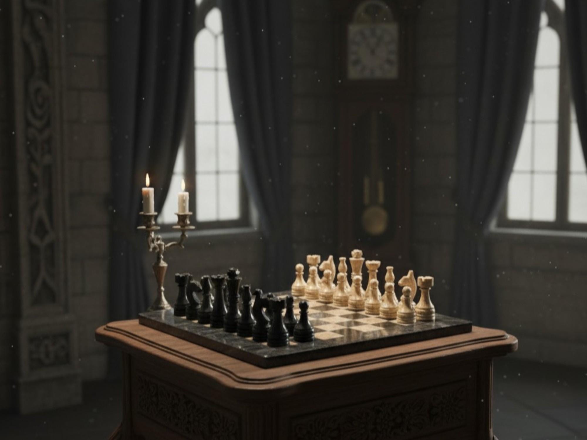 Jet Black & Fossil Marble Chess Board Set, Handmade Luxury Natural Stone Game