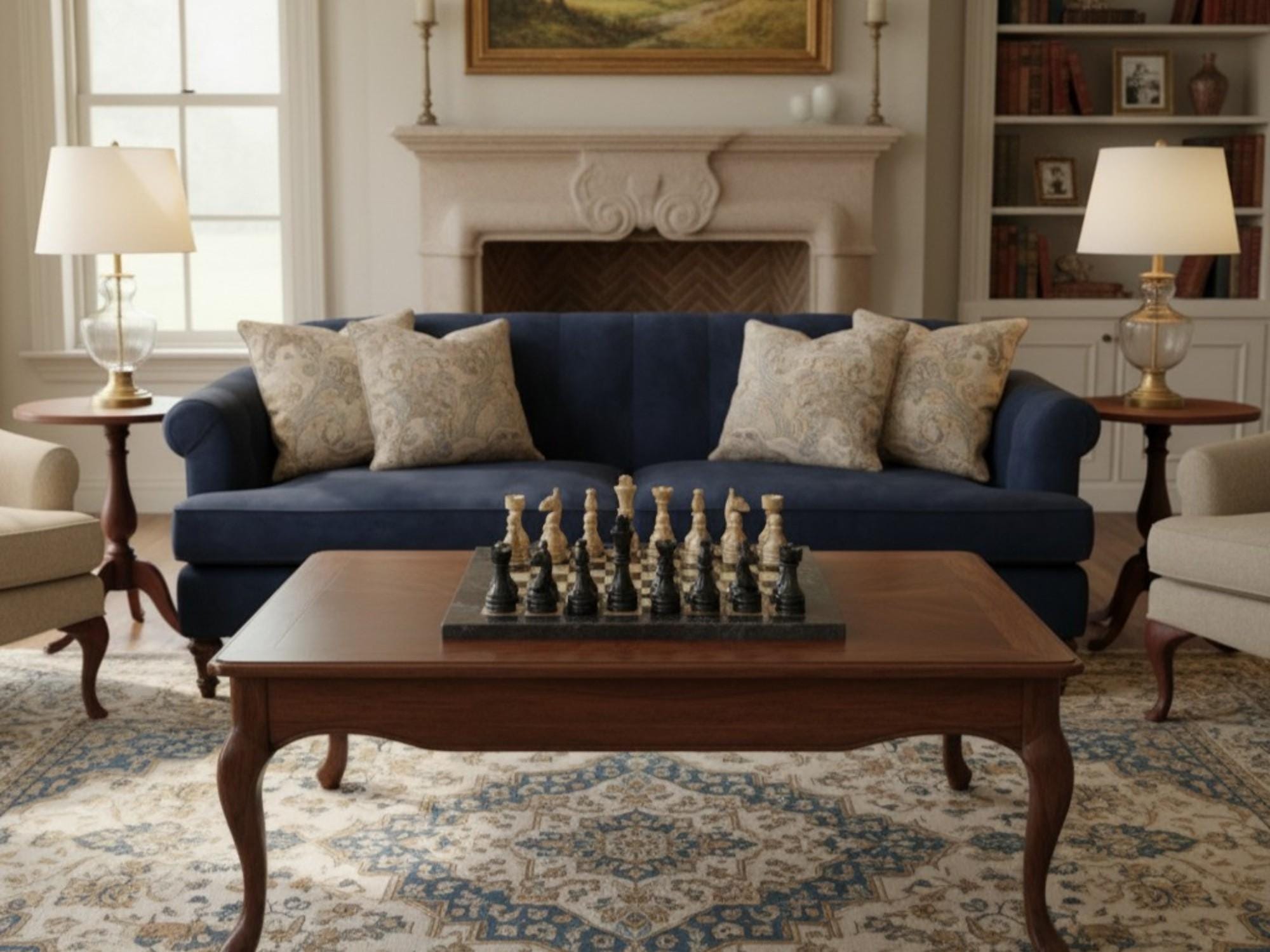 Jet Black & Fossil Marble Chess Board Set, Handmade Luxury Natural Stone Game