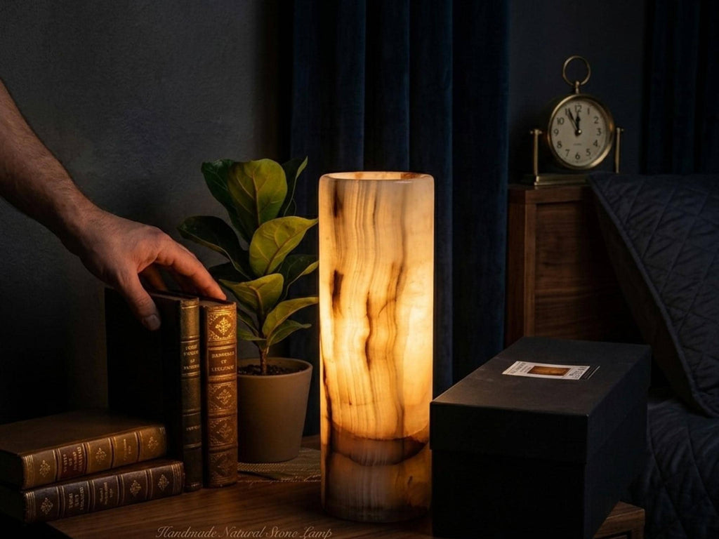Handmade Natural Onyx Cylinder Lamp 5x5x15, Stone Table Light, Bedroom Decor Gift