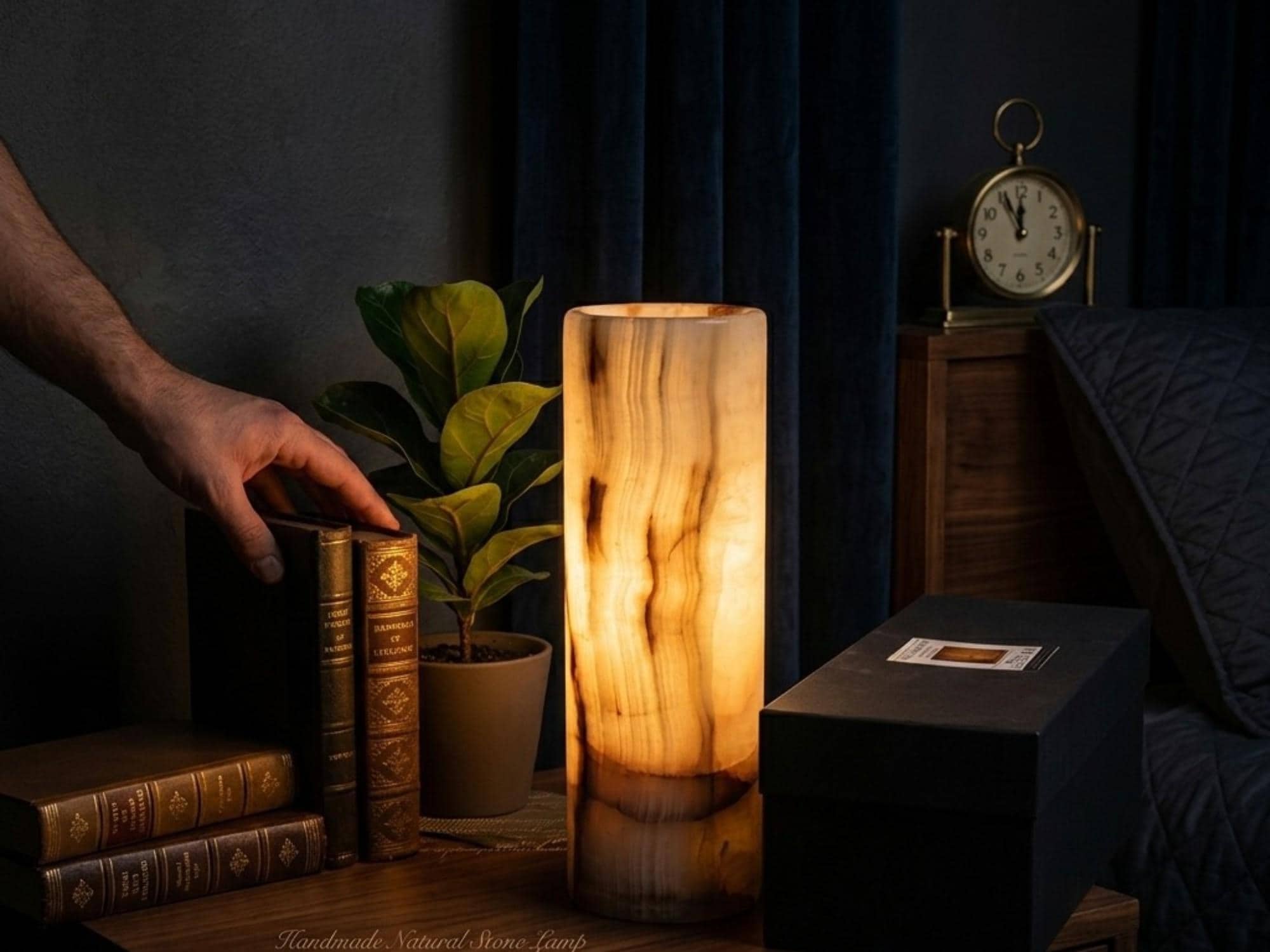 Handmade Natural Onyx Cylinder Lamp 5x5x15, Stone Table Light, Bedroom Decor Gift