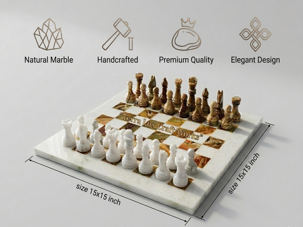 Handcrafted Marble Chess Set White & Green Onyx, 12 Inch Luxury Stone Game Board
