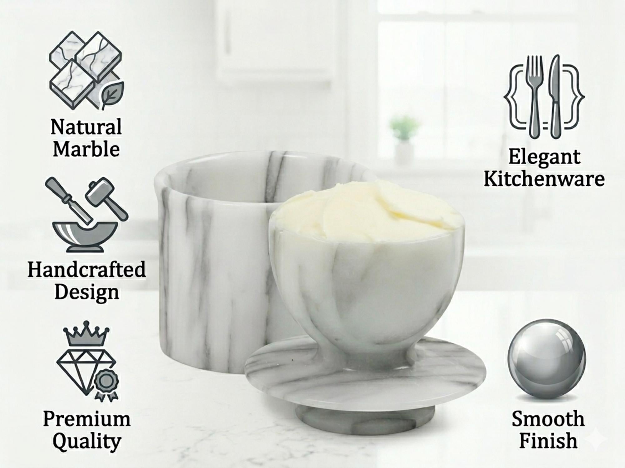 Marble Butter Keeper with Water Seal, Natural Stone Butter Dish, Modern Kitchen Decor