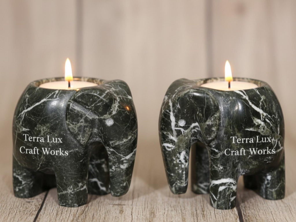 Marble Elephant Candle Holder Set White, Black, Onyx, Home Decor Desk Accent Gift