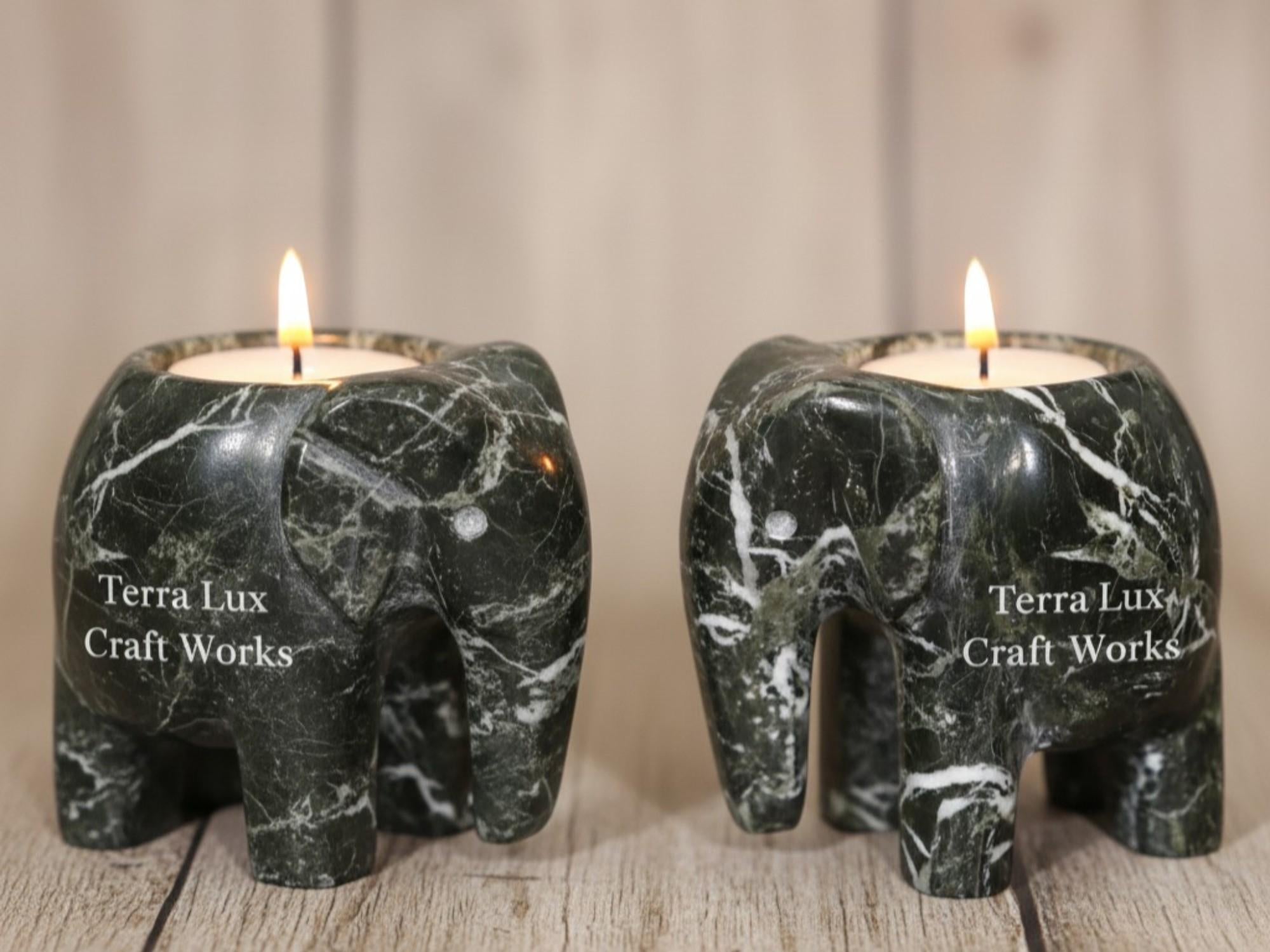 Marble Elephant Candle Holder Set White, Black, Onyx, Home Decor Desk Accent Gift
