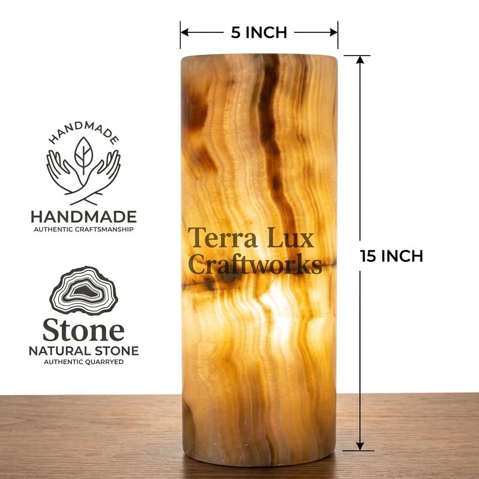 Handmade Natural Onyx Cylinder Lamp 5x5x15, Stone Table Light, Bedroom Decor Gift