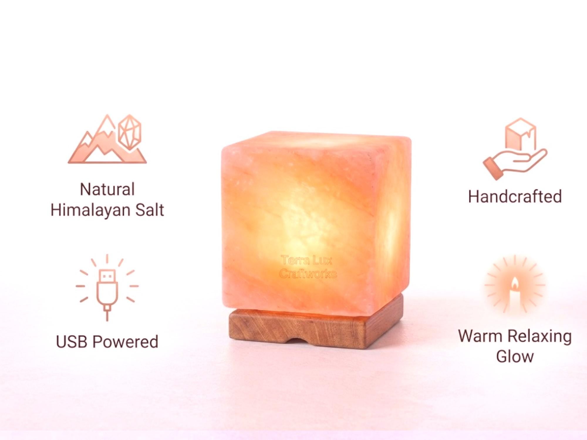 USB Himalayan Salt Cube Lamp, Color Changing Night Light, Pink Crystal Desk Light, Gift