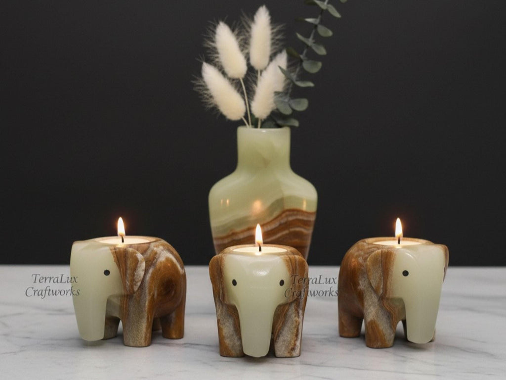 Marble Elephant Candle Holder Set White, Black, Onyx, Home Decor Desk Accent Gift