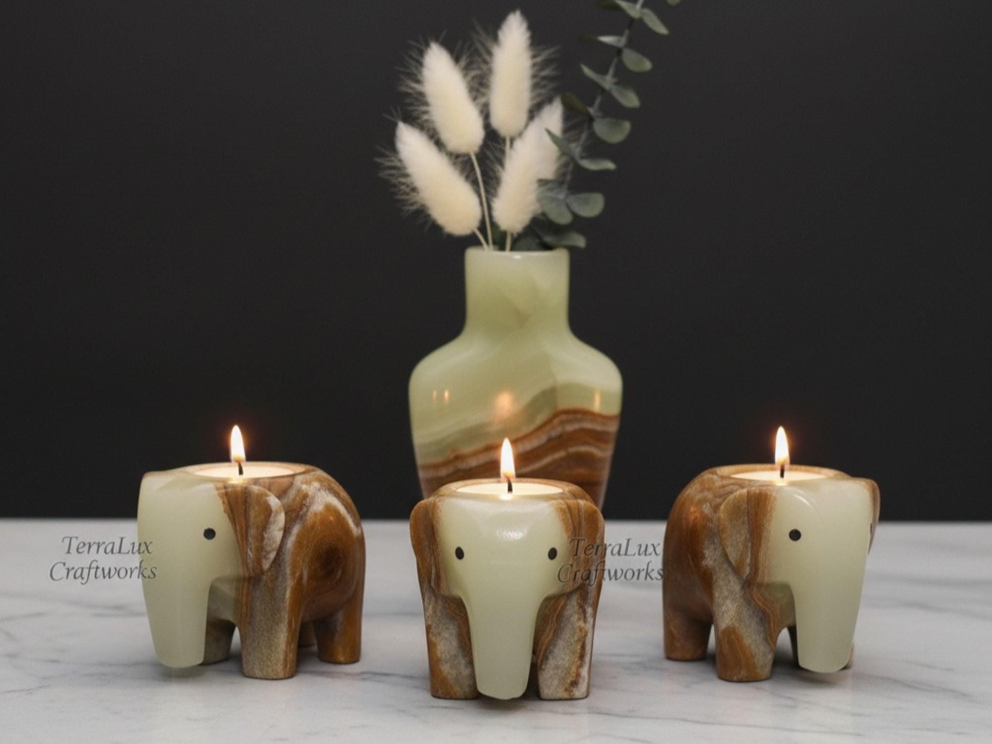 Marble Elephant Candle Holder Set White, Black, Onyx, Home Decor Desk Accent Gift