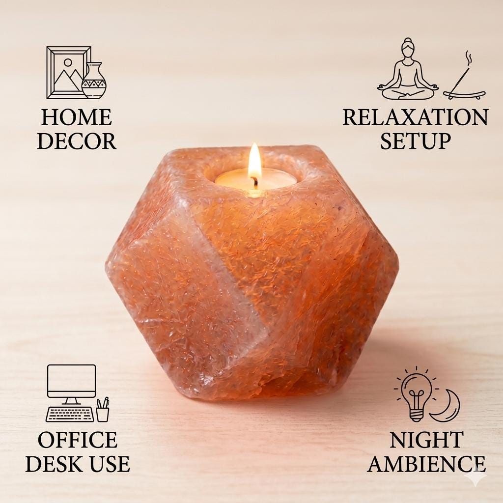 Himalayan Pink Salt Diamond Candle Holder, Natural Tealight Lamp, Ambient Glow Home Decor Gift