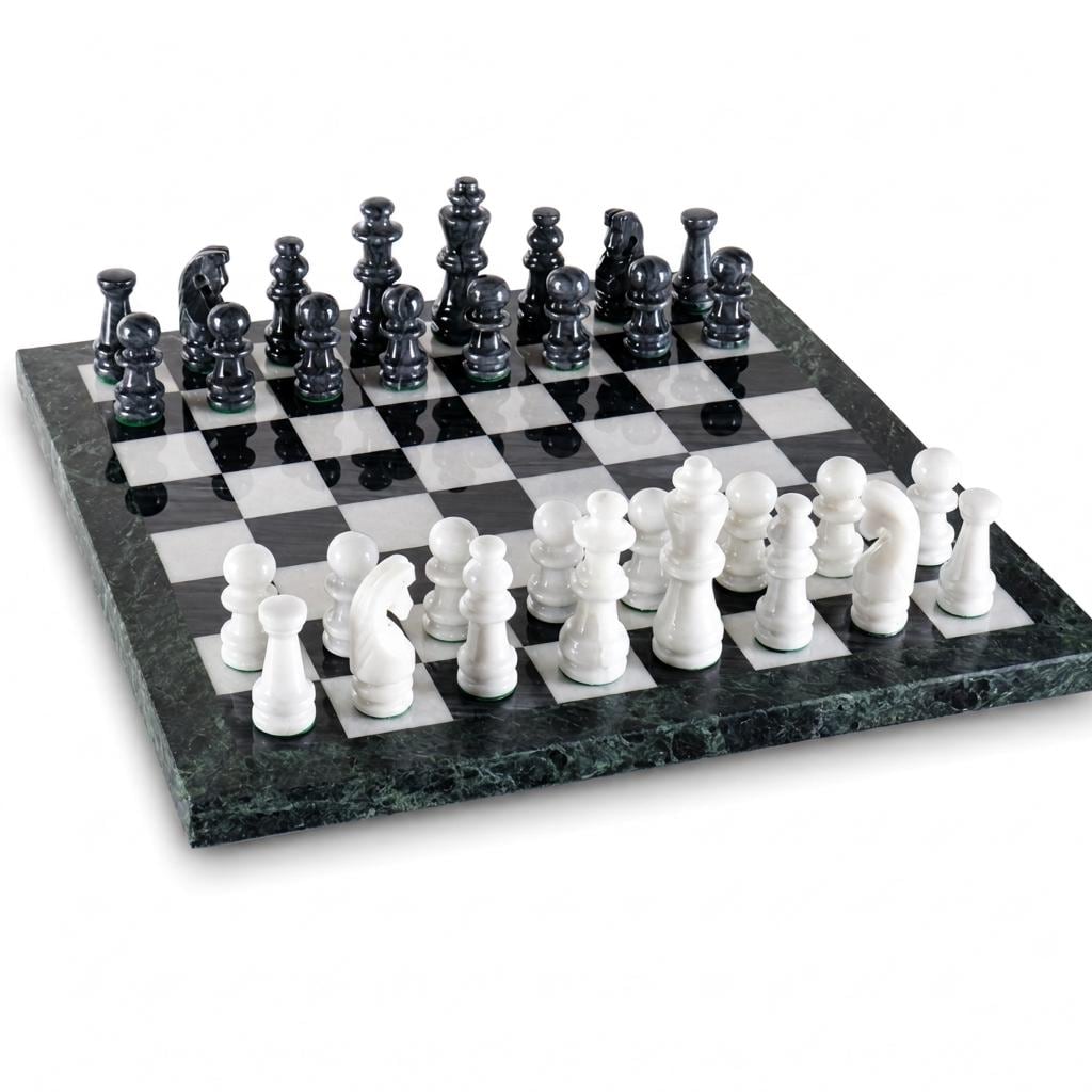 15 Inch Marble Chess Board Set, Black White Luxury Game Set with Velvet Box