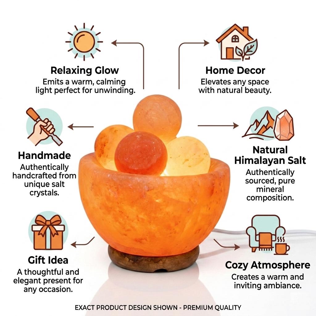 Handmade Himalayan Salt Bowl Lamp with Balls, 6 Inch Crystal Home Decor Light