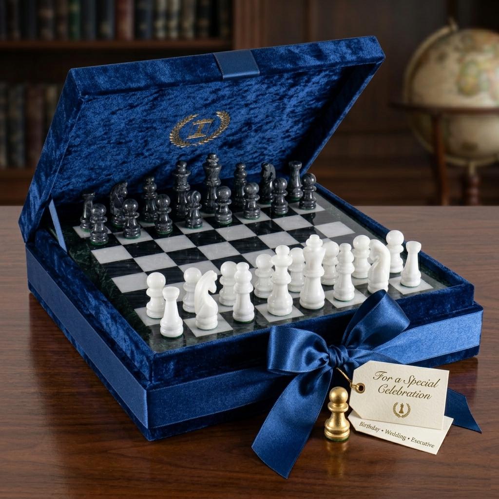15 Inch Marble Chess Board Set, Black White Luxury Game Set with Velvet Box